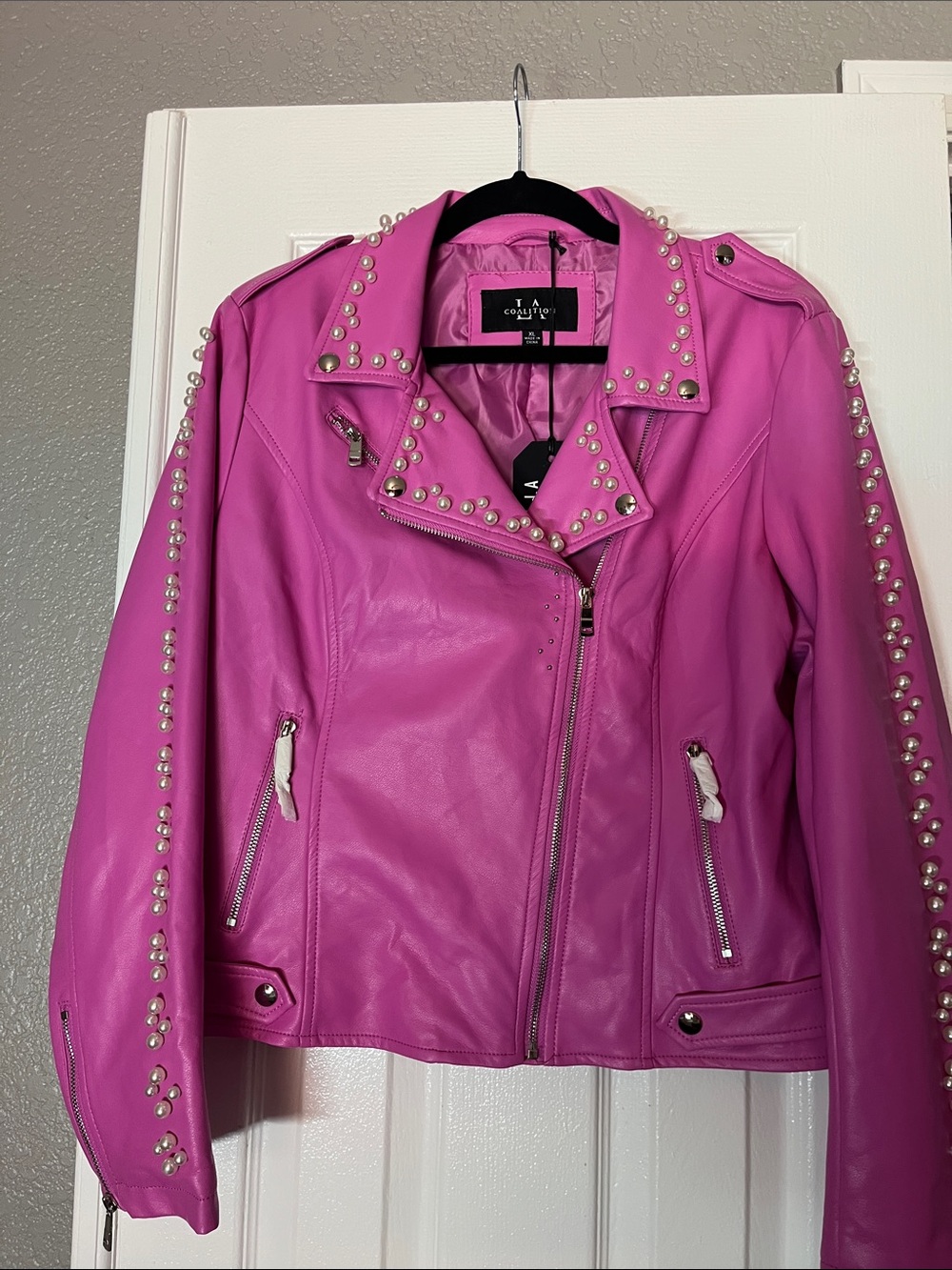 Tea Collection Hot Pink Pearl-Studded Faux Leather Biker Jacket